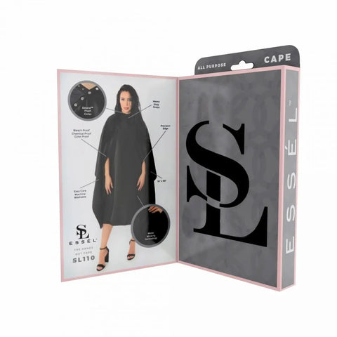 Styletek Essel - Peleryna Fryzjerska opakowanie, otwarte, po lewej stronie brunetka ubrana w pelerynę a po prawej peleryna zapakowana