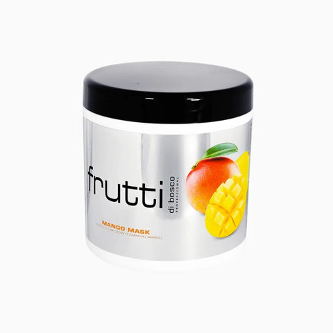 Srebrny pojemnik z maską do włosów Frutti Professional Mango Mask, z czarną pokrywką i etykietą przedstawiającą świeże mango, na białym tle