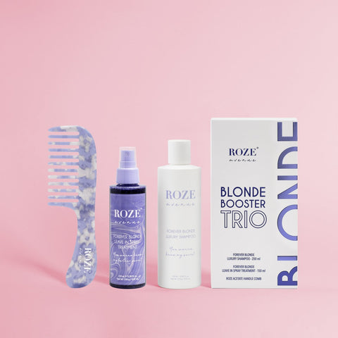 Trzy produkty Roze avenue - szampon forever blonde luxury shampoo, spray blonde forever blonde leave in spray treatment, opakowanie blond booster trio, grzebień forever blonde comb