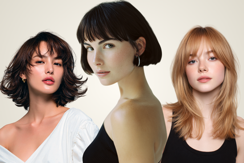 Trzy kobiety prezentujące różne nowoczesne fryzury z grzywką: krótki, falowany bob w kolorze ciemnego brązu, gładki czarny bob oraz długie, cieniowane włosy w kolorze miodowego blond.