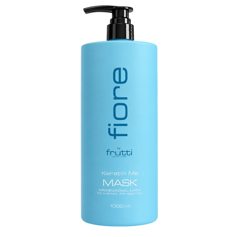 Fiore Professional Keratin Me Mask 300 ml w jasnoniebieskiej butelce z czarnym korkiem na białym tle.
