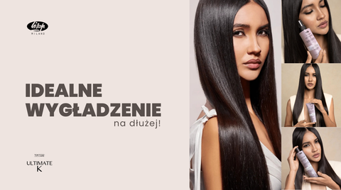 Modelka z długimi, idealnie wygładzonymi włosami prezentuje kosmetyk do wygładzania włosów Lisap Milano Top Care Ultimate K.