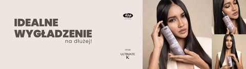 Modelka z długimi, idealnie wygładzonymi włosami prezentuje kosmetyk do wygładzania włosów Lisap Milano Top Care Ultimate K.